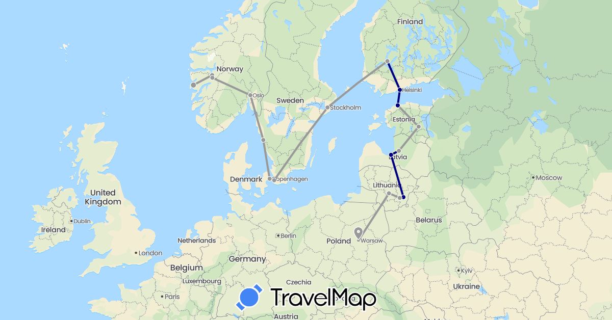TravelMap itinerary: driving, plane in Denmark, Estonia, Finland, Lithuania, Latvia, Norway, Poland, Sweden (Europe)